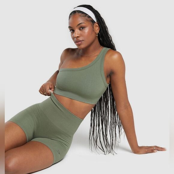 Gymshark Ribbed Cotton‎ Seamless One Shoulder Bra light support Size M in Green - Picture 4 of 8